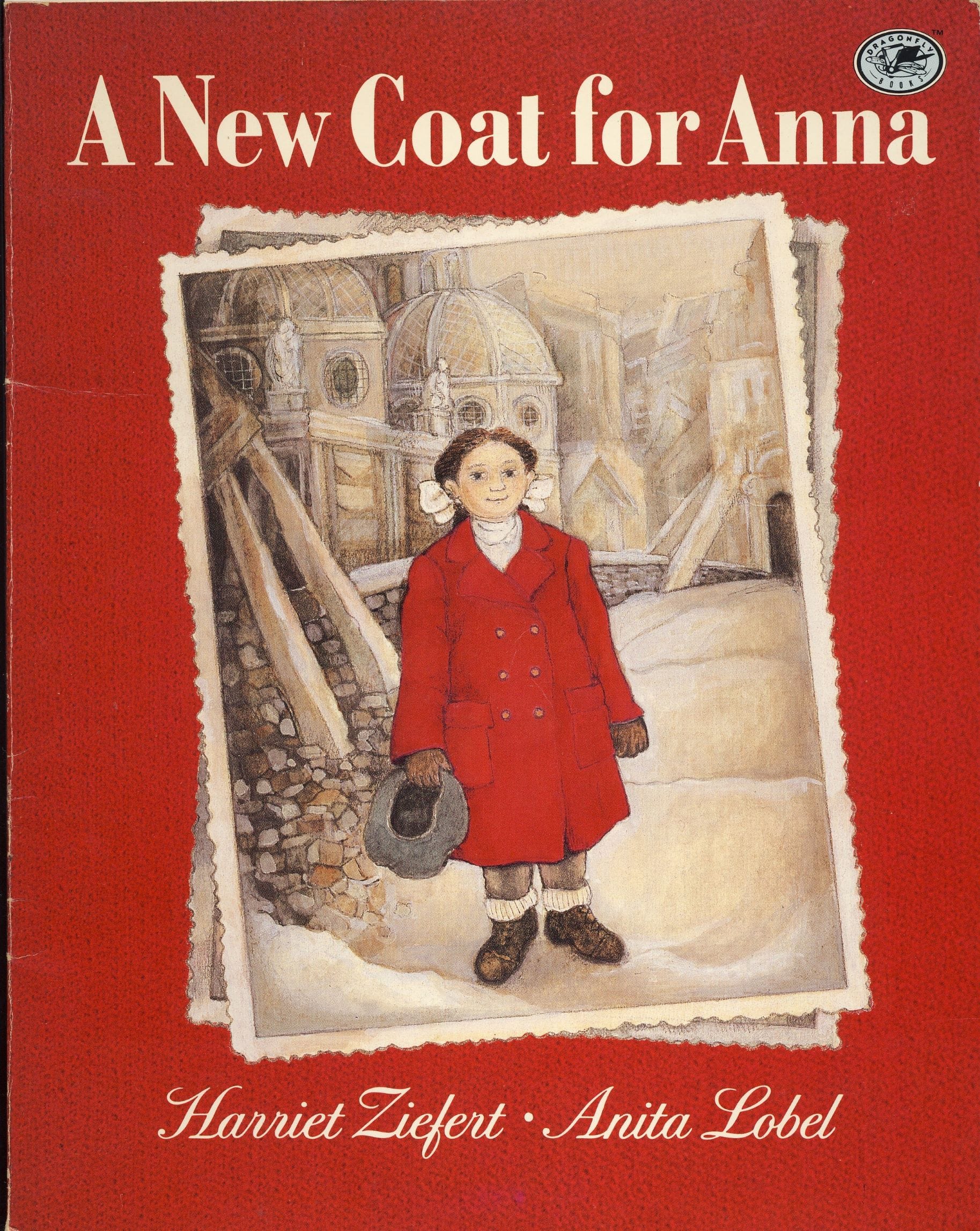 Cover of "A New Coat for Anna" shows a girl in a red coat holding a hat, with a background of buildings and destruction.
